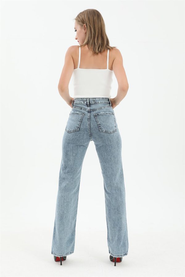 Yüksek Bel Arka Cepli Yanı Yırtmaçlı Denim Pantolon - Mavi - Görsel 5