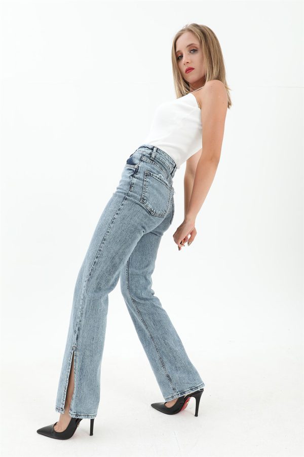 Yüksek Bel Arka Cepli Yanı Yırtmaçlı Denim Pantolon - Mavi - Görsel 3