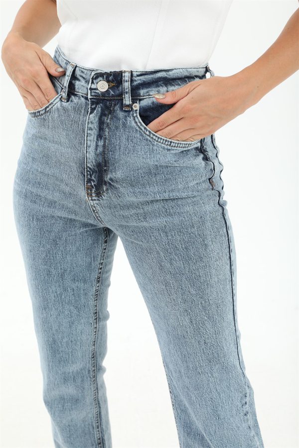 Yüksek Bel Arka Cepli Yanı Yırtmaçlı Denim Pantolon - Mavi - Görsel 6