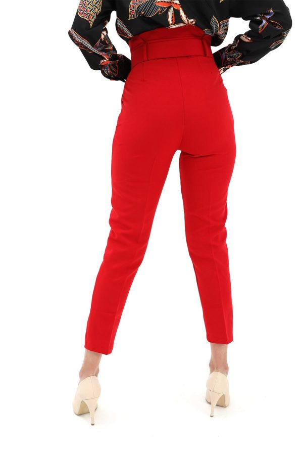 Yüksek Bel Atlas Kumaş Kemerli Pantolon - Kırmızı - Görsel 4