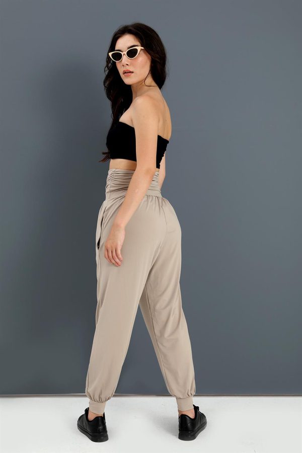 Yüksek Bel Cepli Jogger Pantolon - Bej - Görsel 2