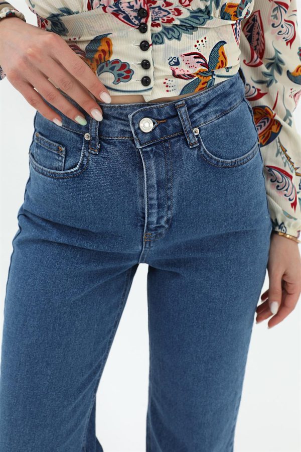 Yüksek Bel Geniş Paça Likralı Denim Pantolon - Lacivert - Görsel 6