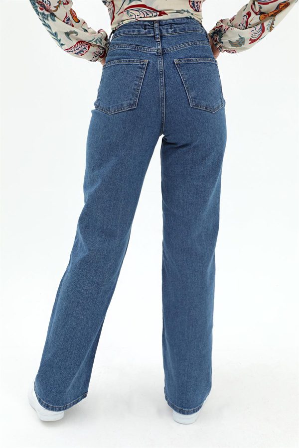 Yüksek Bel Geniş Paça Likralı Denim Pantolon - Lacivert - Görsel 5