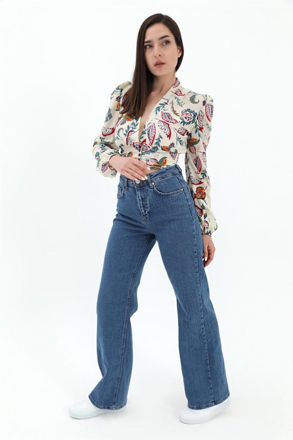 Yüksek Bel Geniş Paça Likralı Denim Pantolon - Lacivert - Görsel 2