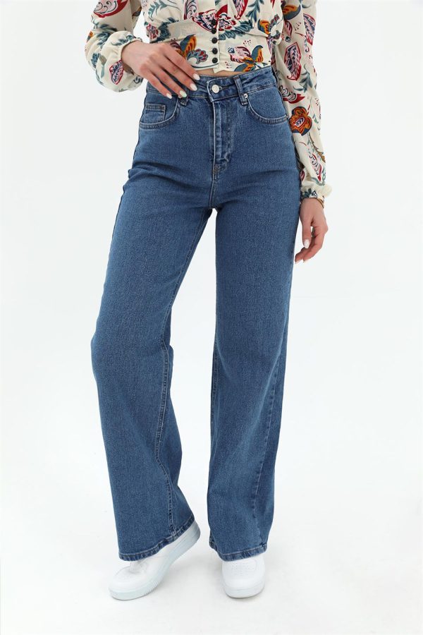 Yüksek Bel Geniş Paça Likralı Denim Pantolon - Lacivert - Görsel 3