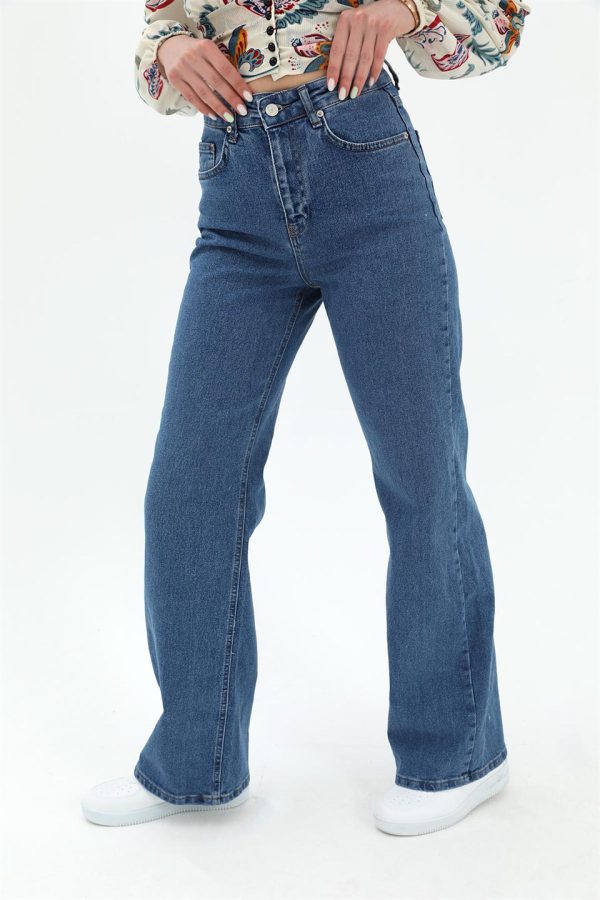 Yüksek Bel Geniş Paça Likralı Denim Pantolon - Lacivert - Görsel 4
