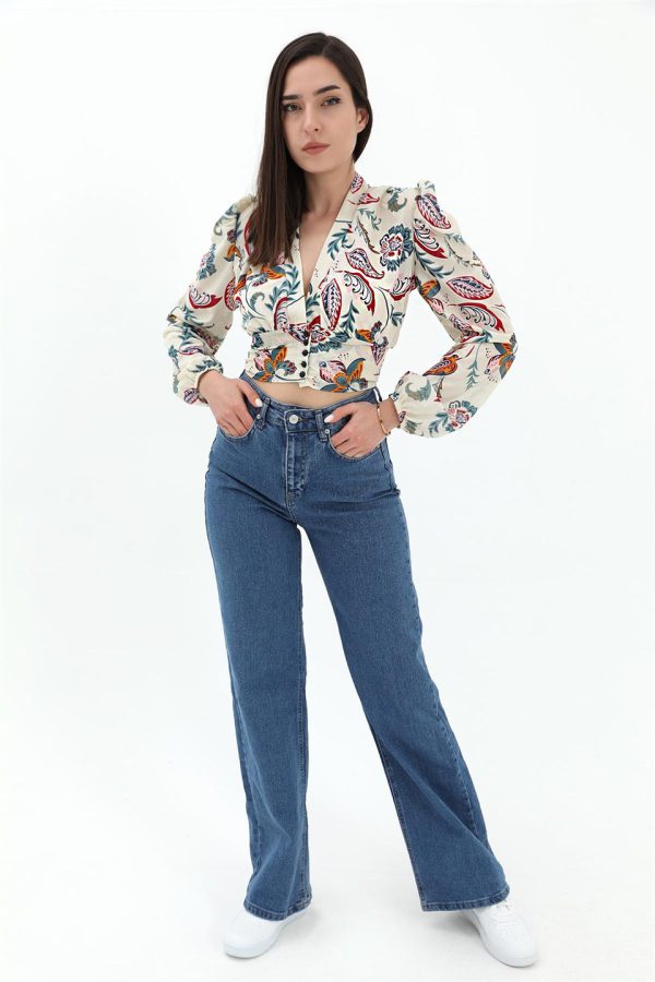 Yüksek Bel Geniş Paça Likralı Denim Pantolon - Lacivert