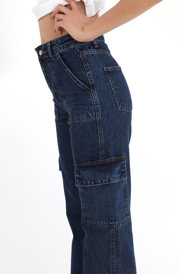 Yüksek Bel Kargo Cep Pantolon - Lacivert - Görsel 3