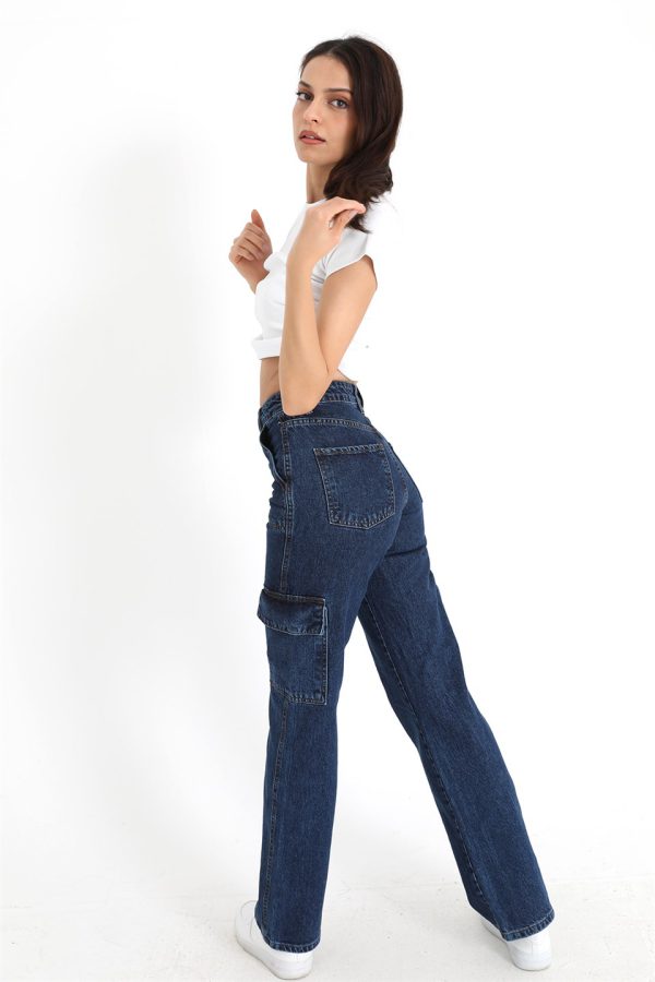 Yüksek Bel Kargo Cep Pantolon - Lacivert - Görsel 5