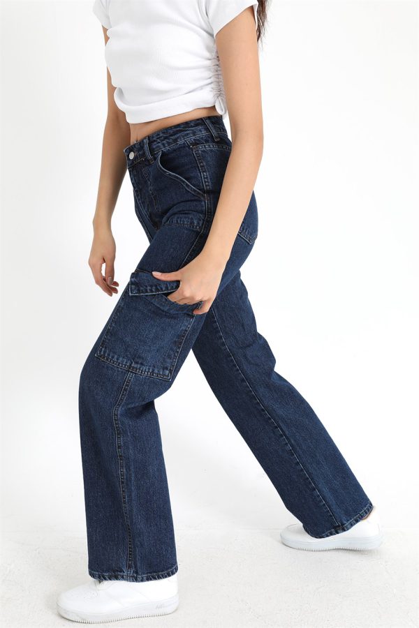 Yüksek Bel Kargo Cep Pantolon - Lacivert - Görsel 4