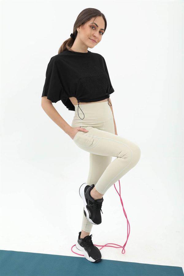 Yüksek Bel Slim Fit Cep Detaylı Tayt - Bej - Görsel 2