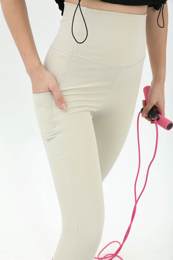 Yüksek Bel Slim Fit Cep Detaylı Tayt - Bej - Görsel 6