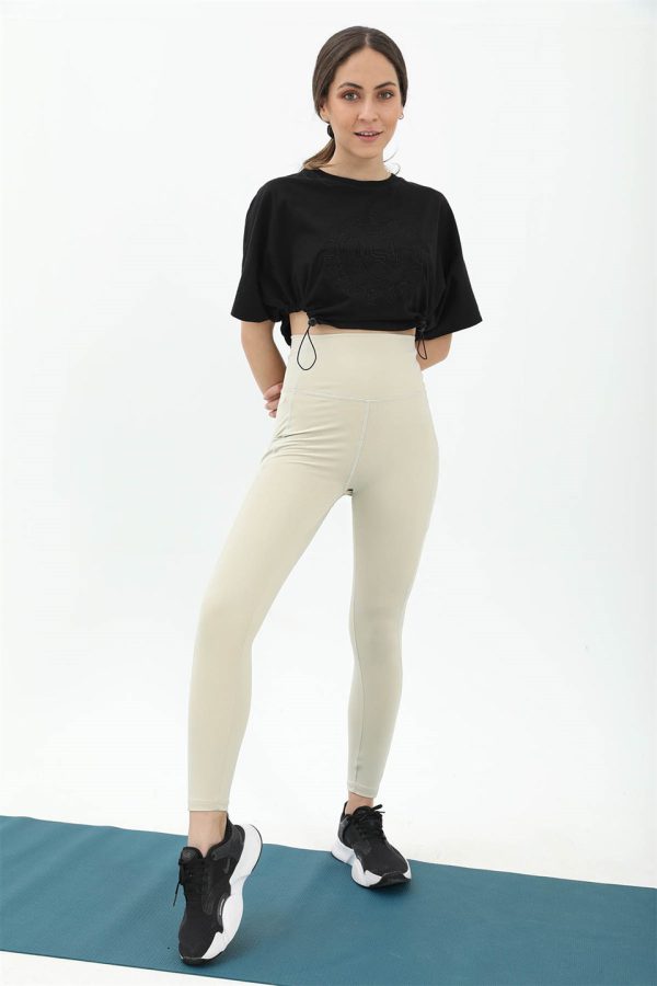 Yüksek Bel Slim Fit Cep Detaylı Tayt - Bej - Görsel 4