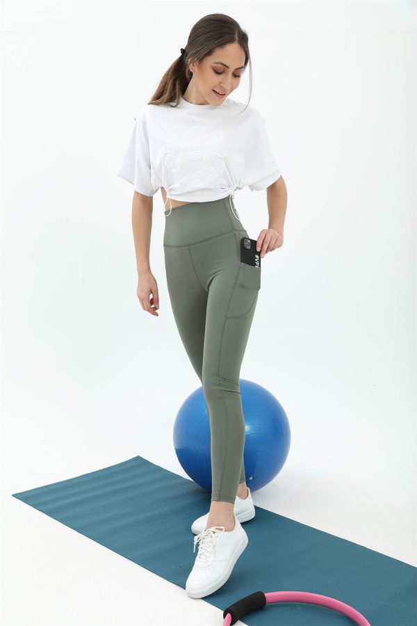 Yüksek Bel Slim Fit Cep Detaylı Tayt - Haki - Görsel 4