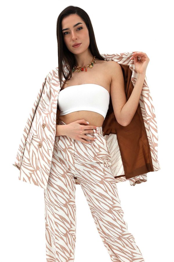 Zebra Desen Oversize Keten Ceket - Bej - Görsel 4