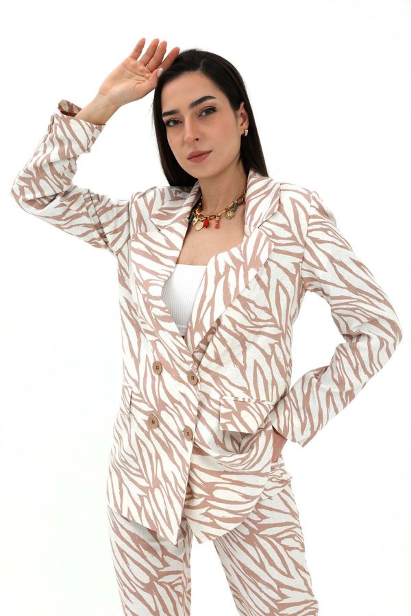 Zebra Desen Oversize Keten Ceket - Bej - Görsel 2