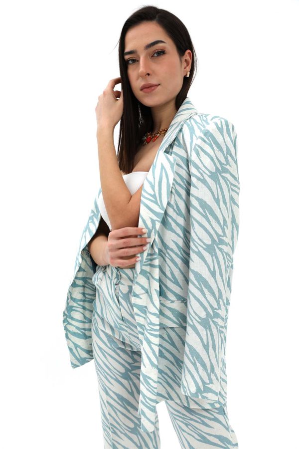 Zebra Desen Oversize Keten Ceket - Mavi - Görsel 3
