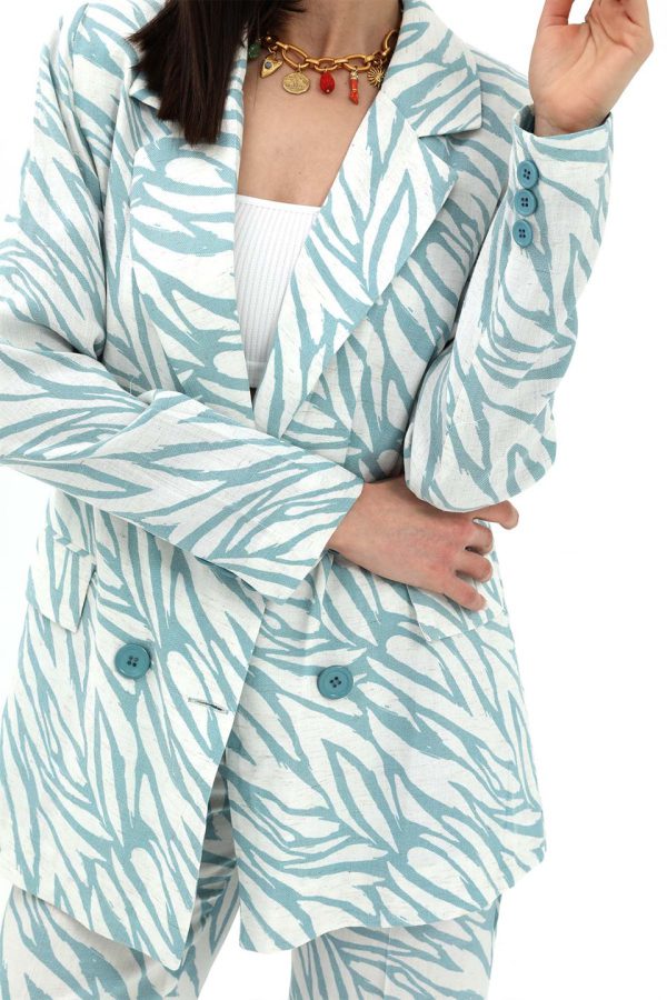 Zebra Desen Oversize Keten Ceket - Mavi - Görsel 5