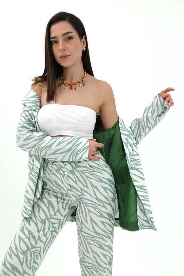 Zebra Desen Oversize Keten Ceket - Mint Yeşili - Görsel 2
