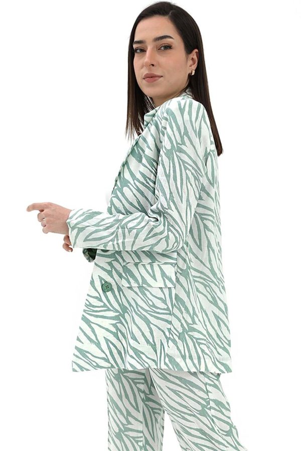 Zebra Desen Oversize Keten Ceket - Mint Yeşili - Görsel 3