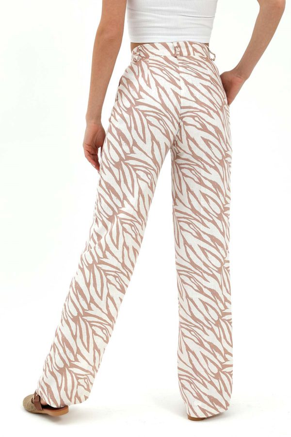 Zebra Desen Yüksek Bel Keten Pantolon - Bej - Görsel 4