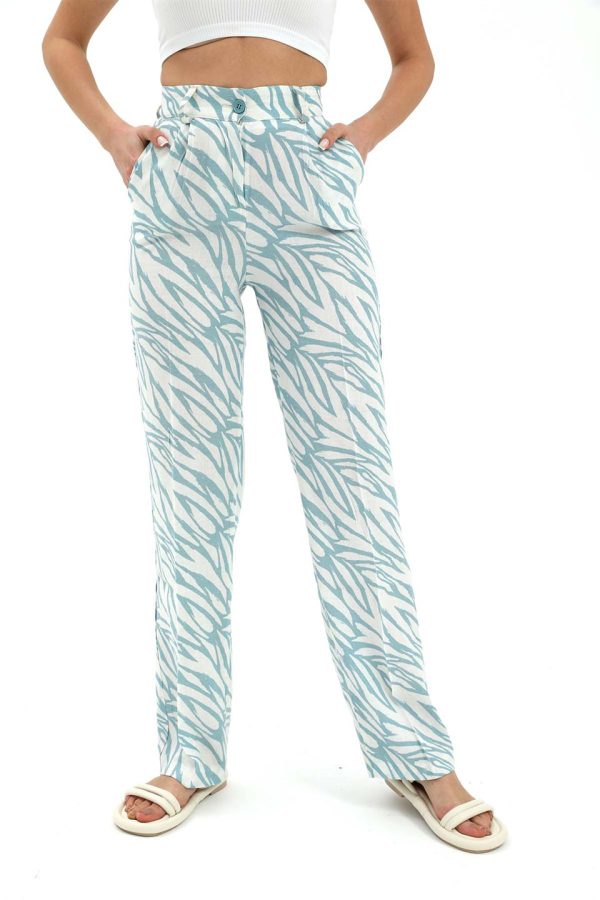 Zebra Desen Yüksek Bel Keten Pantolon - Mavi - Görsel 2