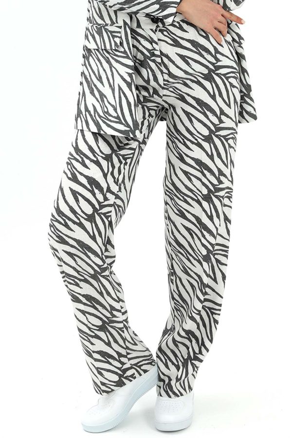 Zebra Desen Yüksek Bel Keten Pantolon - Siyah - Görsel 4