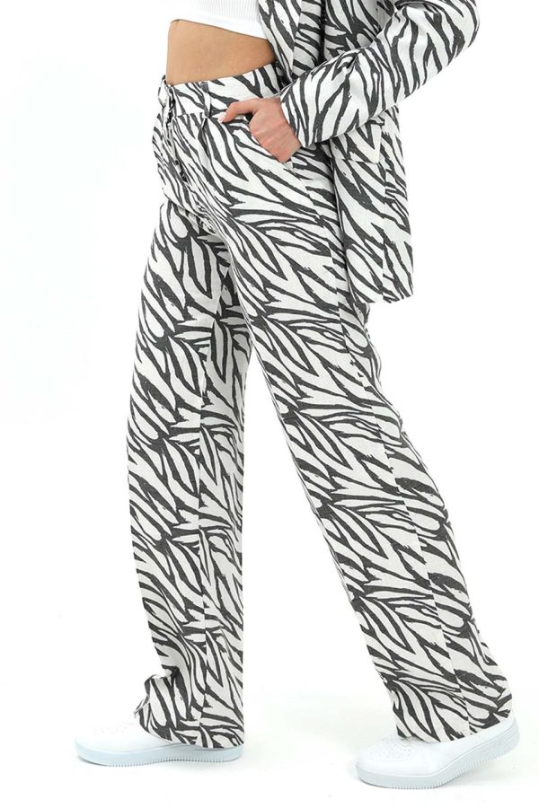 Zebra Desen Yüksek Bel Keten Pantolon - Siyah - Görsel 3