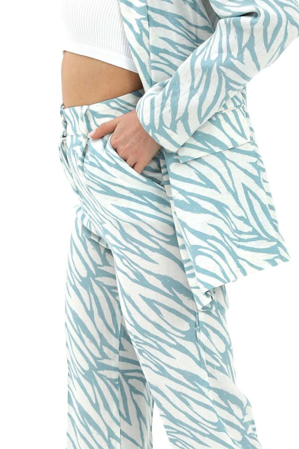 Zebra Desen Yüksek Bel Keten Pantolon - Mavi - Görsel 4