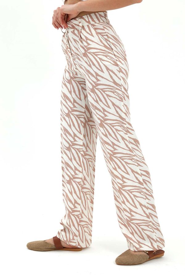 Zebra Desen Yüksek Bel Keten Pantolon - Bej - Görsel 3