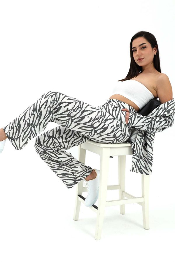 Zebra Desen Yüksek Bel Keten Pantolon - Siyah - Görsel 2