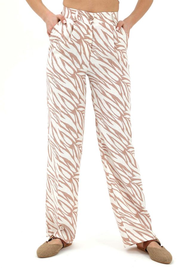 Zebra Desen Yüksek Bel Keten Pantolon - Bej - Görsel 2