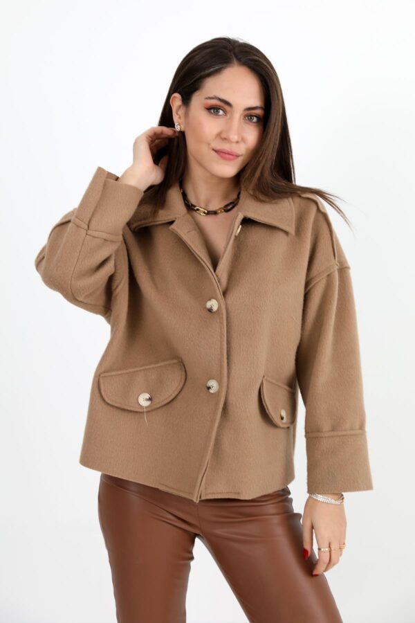 Kaban Cep Kapaklı Düğmeli Kısa Kaşe - Camel - Görsel 2