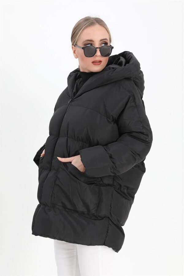 Kapüşonlu Kısa Oversize Şişme Mont - Siyah - Görsel 2