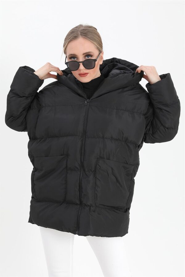 Kapüşonlu Kısa Oversize Şişme Mont - Siyah - Görsel 3