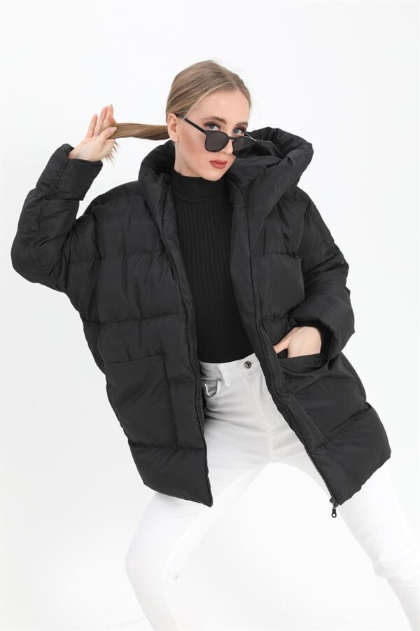 Kapüşonlu Kısa Oversize Şişme Mont - Siyah - Görsel 4