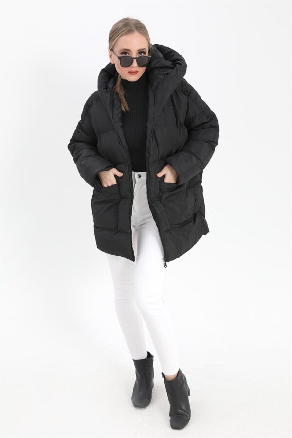 Kapüşonlu Kısa Oversize Şişme Mont - Siyah - Görsel 5