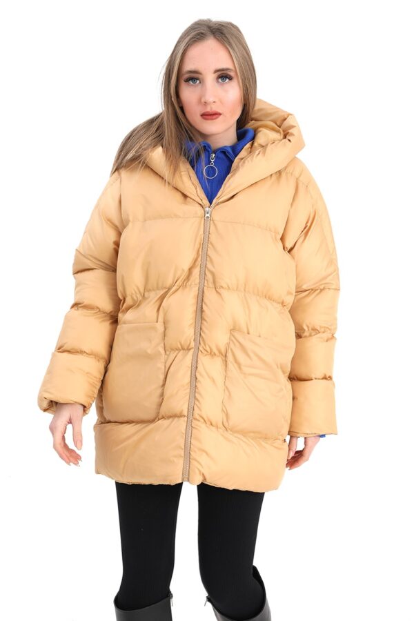 Kapüşonlu Kısa Oversize Şişme Mont - Vizon - Görsel 4