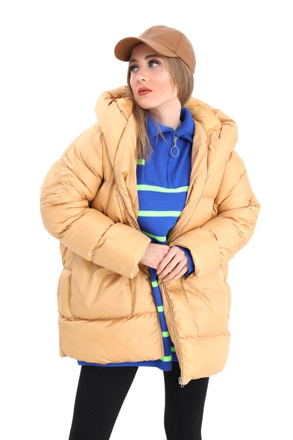 Kapüşonlu Kısa Oversize Şişme Mont - Vizon - Görsel 2