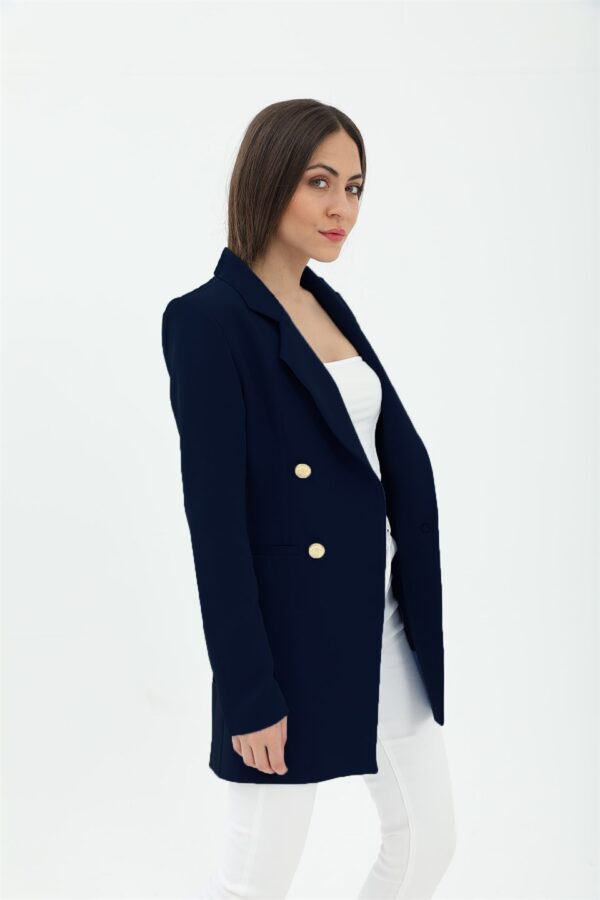 Omuzları Vatkalı Önü Çıtçıtlı Atlas Kumaş Kadın Blazer Ceket - Lacivert - Görsel 2