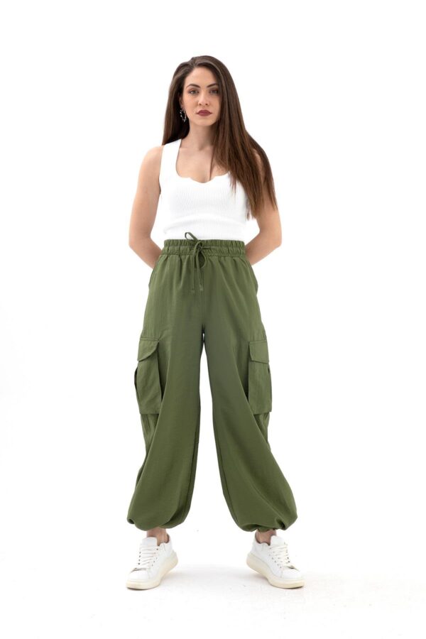 Yüksek Bel Beli ve Paçası Lastikli Paraşüt Kumaş Pantolon - Haki - Görsel 4