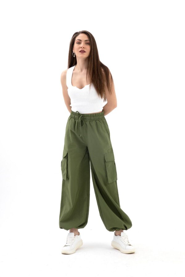 Yüksek Bel Beli ve Paçası Lastikli Paraşüt Kumaş Pantolon - Haki - Görsel 3
