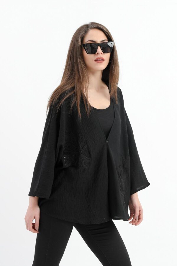 Keten Pul Payet Süzene Nakışlı Kimono - Siyah - Görsel 3