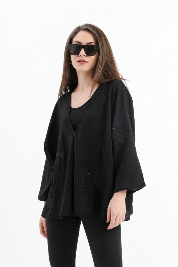 Keten Pul Payet Süzene Nakışlı Kimono - Siyah - Görsel 4