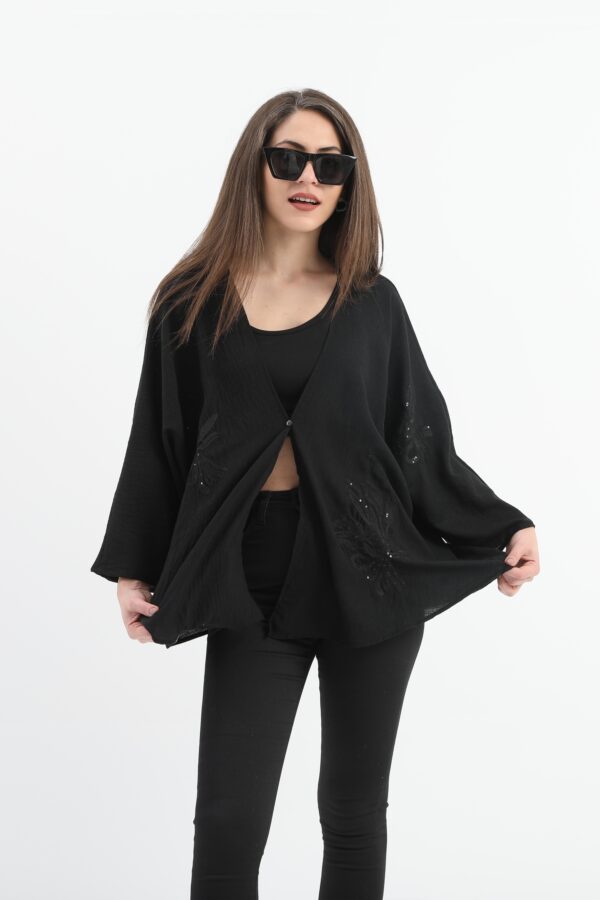 Keten Pul Payet Süzene Nakışlı Kimono - Siyah
