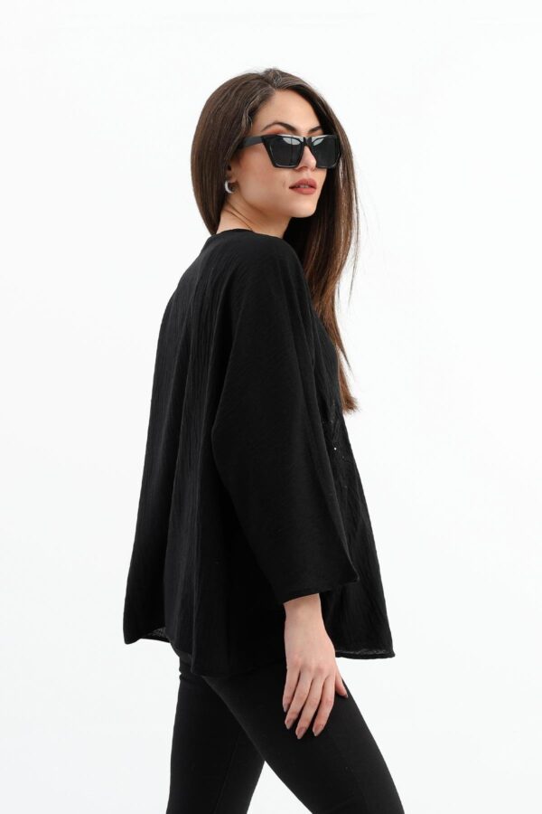 Keten Pul Payet Süzene Nakışlı Kimono - Siyah - Görsel 5